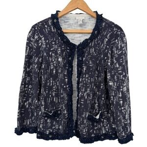 Chicos Cardigan Sweater Blue White Space Dye Ruffle Trim Beaded Pocket Sz 3/LG